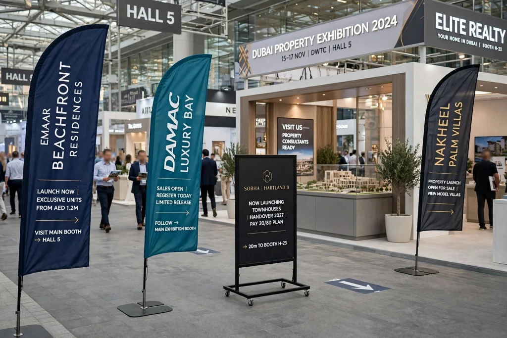 Real estate exhibition booth showcasing Dubai property developments