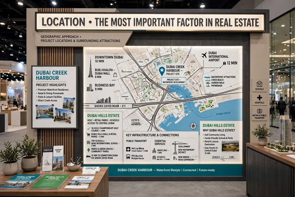 Luxury property exhibition stand with interactive displays in Dubai