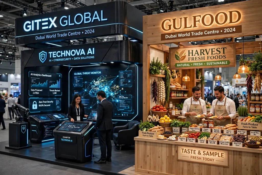 Modern branded exhibition booth at a Dubai trade show