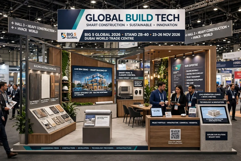Modern construction exhibition stand with architectural structures and industrial materials
