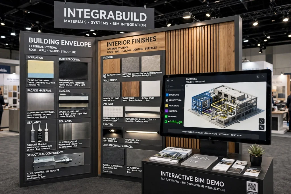 Innovative construction exhibition stand with architectural and structural design elements