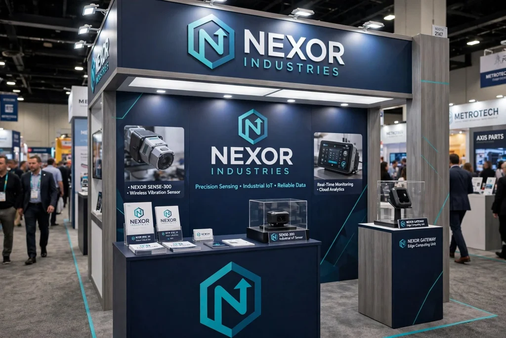 Professional exhibition stand with large company logo and branded graphics