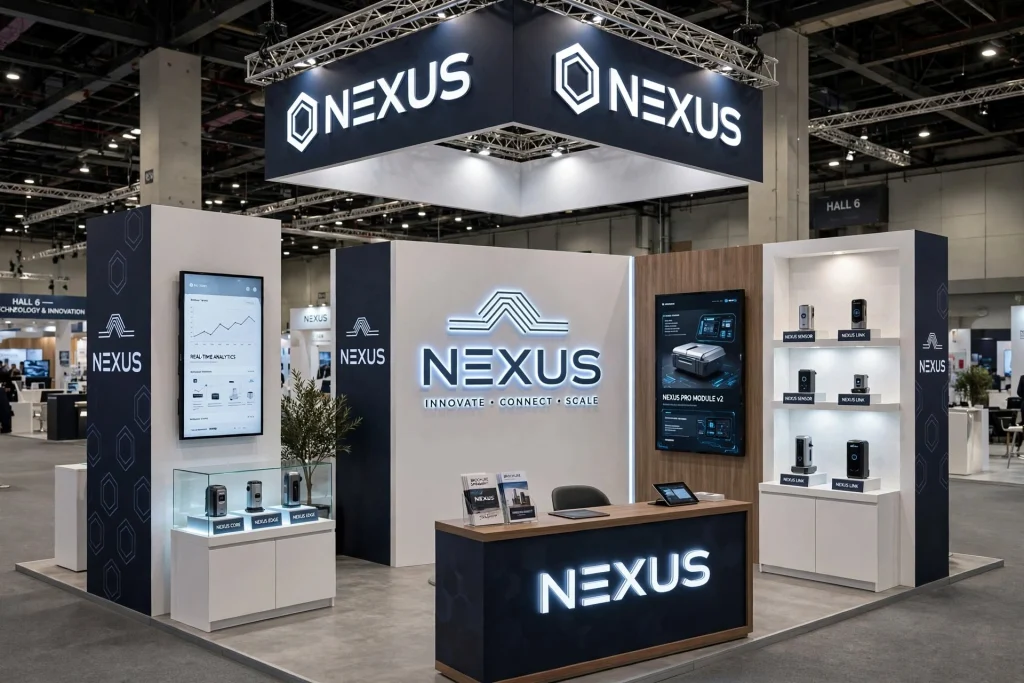 Custom exhibition stand with illuminated company branding