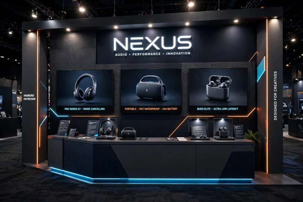 Exhibition booth design with contrasting brand colours