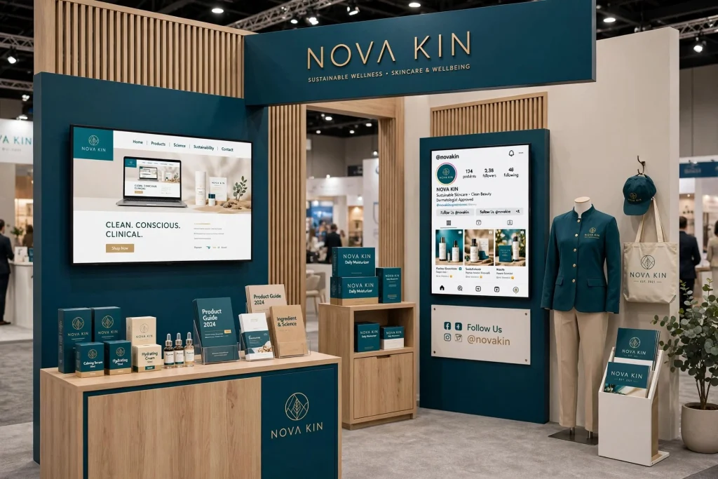 Modern exhibition booth with branded colour graphics