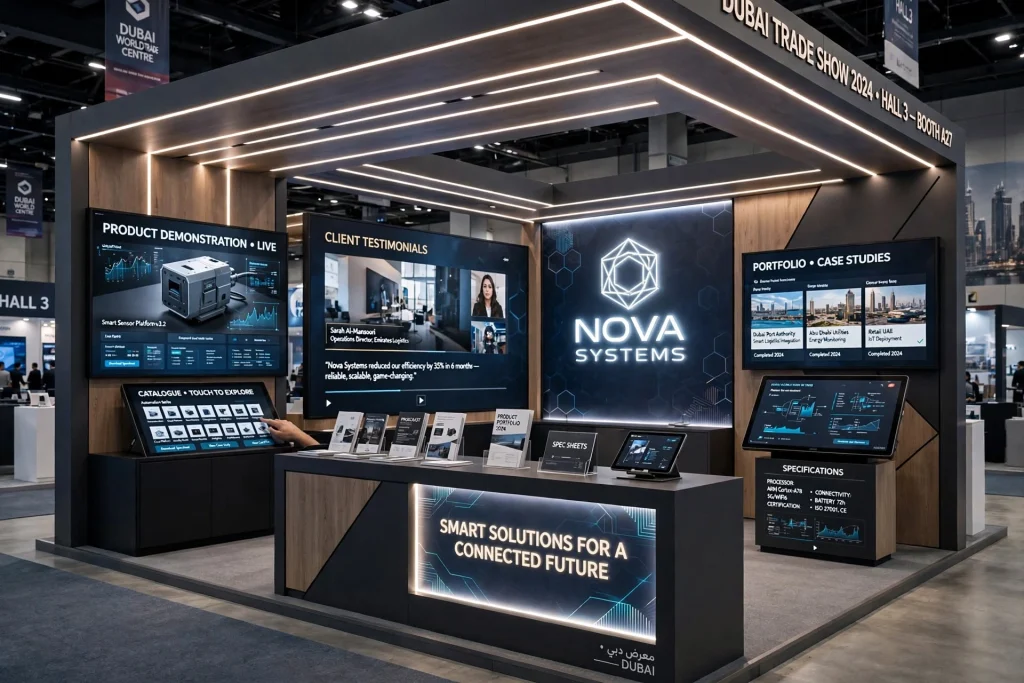 Exhibition stand with illuminated logo and branded graphics