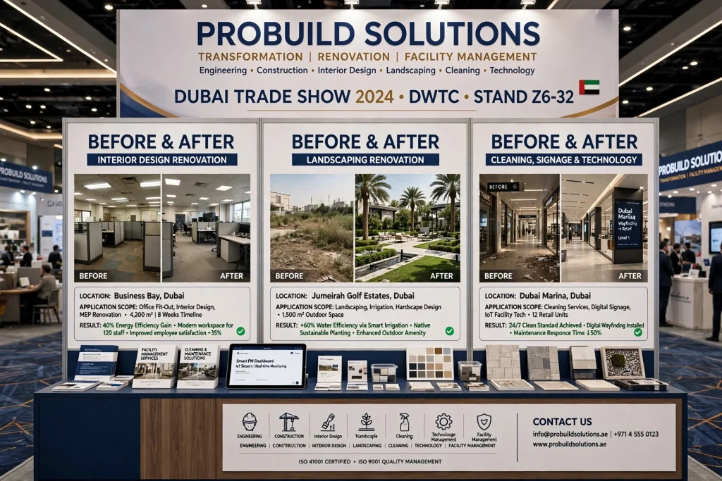 Modern exhibition booth with digital screens and branded displays