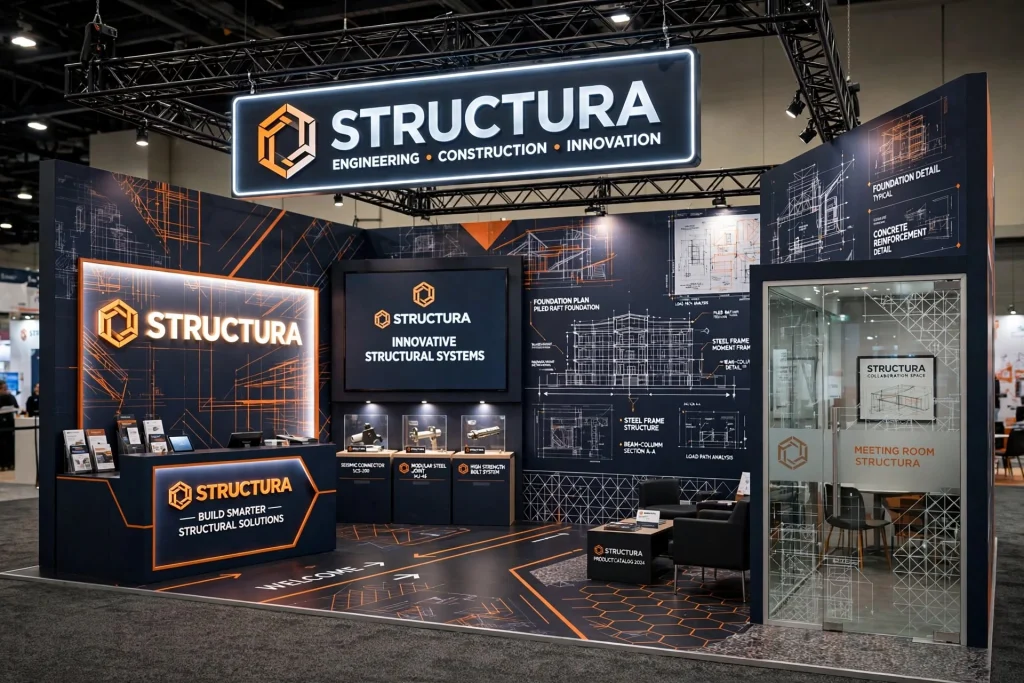 Construction exhibition stand featuring steel frames, timber finishes, and architectural forms