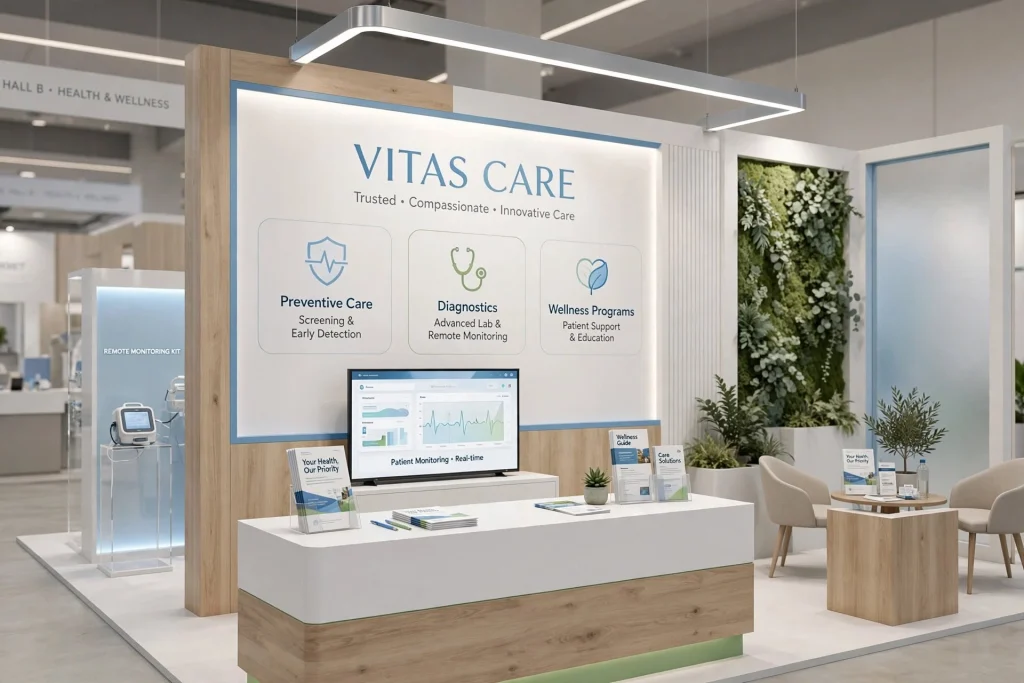 Branded exhibition booth using blue and white colours